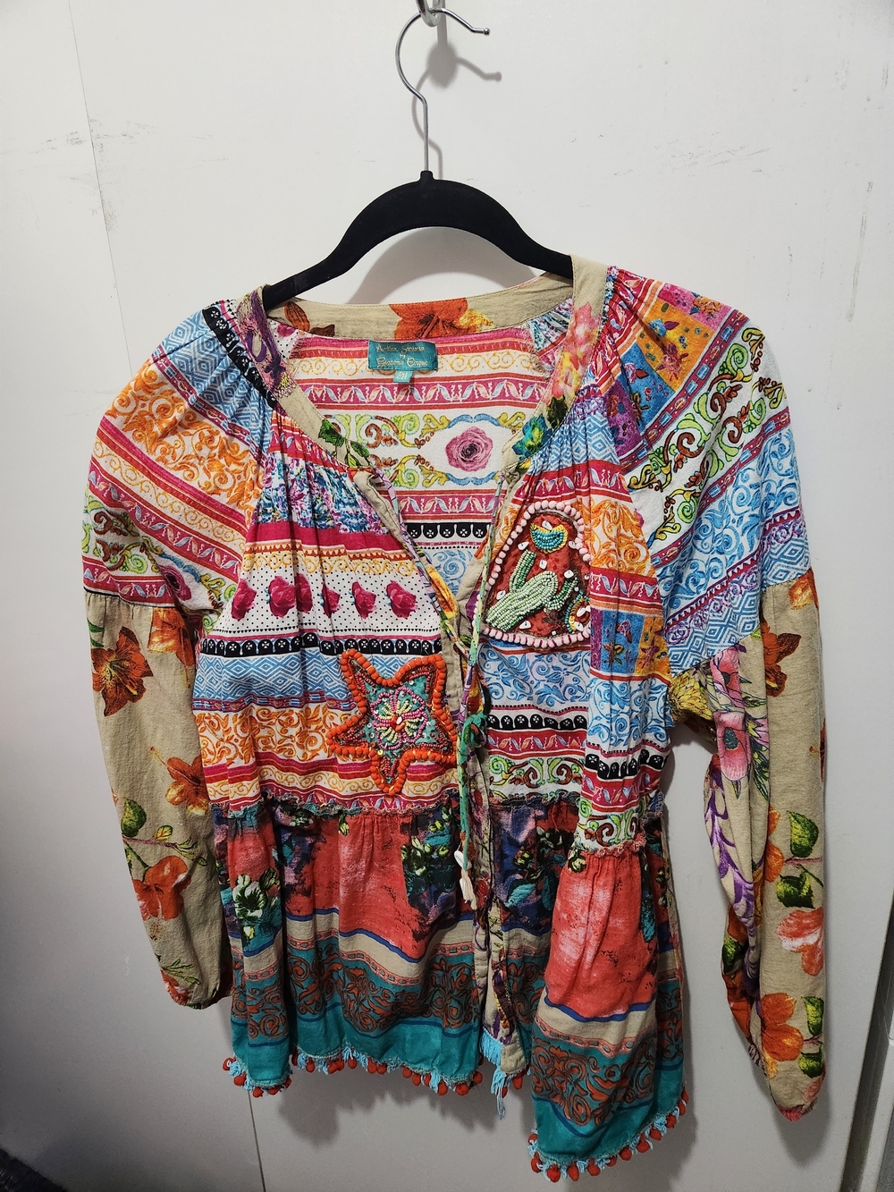 Colorful Beaded Patchwork Boho Peasant Blouse